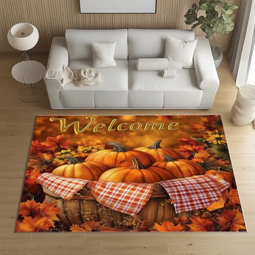 Sshjfeu Halloween Kürbis Ernte Teppich 200x200 cm Kurzflor, Herbst Rural Teppich Antirutsch Waschbar, Weich, Ahornblatt Teppiche Schlafzimmer, Wohnzimmer, Kinderzimmer, Kinderteppich von Sshjfeu