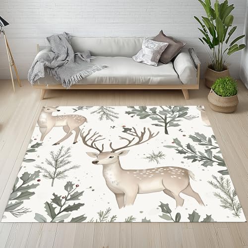 Sshjfeu Hirsch Tierwelt Fussmatte Innen Outdoor Teppich, Grüne Blätter Teppiche Kurzflor Waschbar rutschfest 80x150, Kiefernnadeln Stechpalme Fussmatte Aussen Schmutzfangmatte, Kleiner Teppich von Sshjfeu