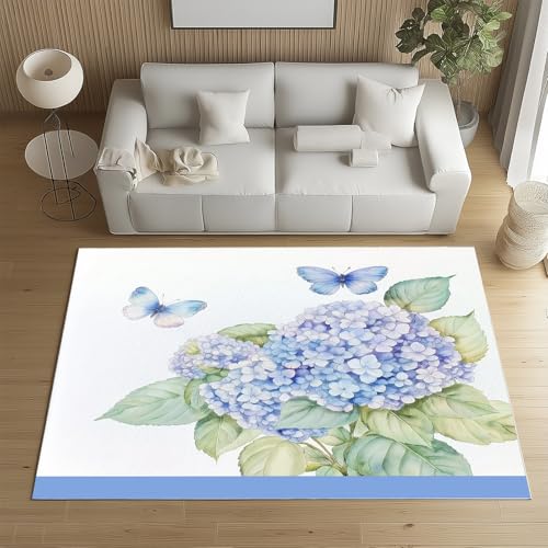 Sshjfeu Hortensie Schmetterling Teppich 100x150 cm, Blumen Pflanzen Teppich Waschbar rutschfest Kurzflor, Frühling Natur Kinderteppich, Teppiche für Schlafzimmer, Wohnzimmer, Kinderzimmer von Sshjfeu