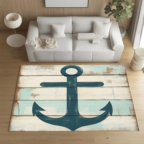 Sshjfeu Jahrgang Anker Teppich 100x150 cm, Nautische Meer Teppich Waschbar rutschfest Kurzflor, Bauernhaus Rural Kinderteppich, Teppiche für Schlafzimmer, Wohnzimmer, Kinderzimmer von Sshjfeu