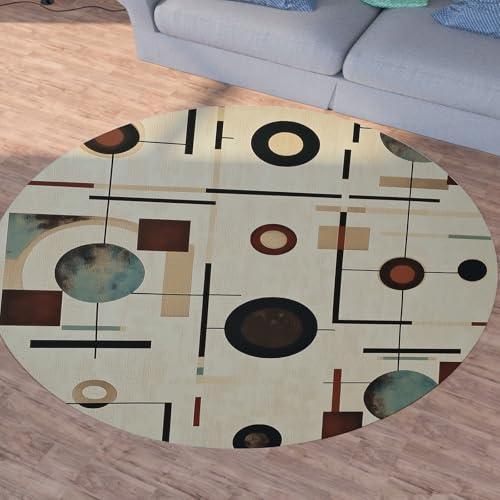Sshjfeu Jahrgang Geometrie Runder Teppiche, Waschbarer Teppich Rund 90cm, Kreis Linien Teppich Klein, Kurzflor, rutschfest, aus der Mitte Teppiche Schlafzimmer Wohnzimmer, Kinderzimmer von Sshjfeu