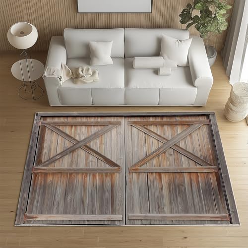 Sshjfeu Jahrgang Scheunentür Teppich 100x150 cm, Retro Holzbrett Teppich Waschbar rutschfest Kurzflor, Holzmaserung Rustikaler Kinderteppich, Teppiche für Schlafzimmer, Wohnzimmer, Kinderzimmer von Sshjfeu