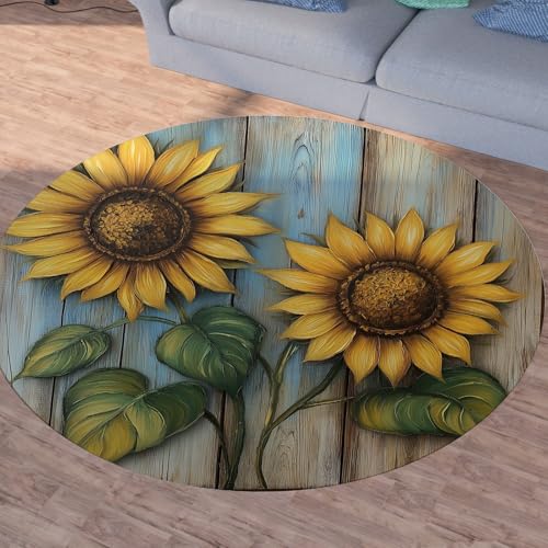 Sshjfeu Jahrgang Sonnenblume Teppich Rund 120cm, Vintage Planke Teppiche rutschfest Runder Kurzflor Waschbar, Bauernhaus Rural Rund Teppiche Weich, Runder Teppich for Wohnzimmer Schlafzimmer Sshjfeu Jahrgang Sonnenblume Teppich Rund 120cm, Vintage Planke Teppiche rutschfest Runder Kurzflor Waschbar, Bauernhaus Rural Rund Teppiche Weich, Runder Teppich for Wohnzimmer Schlafzimmer von Sshjfeu