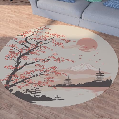 Sshjfeu Japanisch Kirschblüten Teppich Rund 120cm, Asiatischer Teppiche rutschfest Runder Kurzflor Waschbar, Natur Fuji-Berg Rund Teppiche Weich, Runder Teppich for Wohnzimmer Schlafzimmer von Sshjfeu