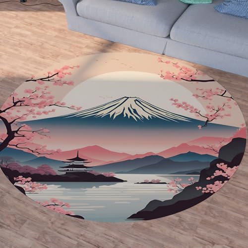 Sshjfeu Japanisch Kirschblüten Teppich Schlafzimmer, Fuji-Berg Teppich Rund 100cm, Architektur See Wasser Teppiche Waschbar In Waschmaschine, Kurzflor, rutschfest, Runder Teppiche von Sshjfeu