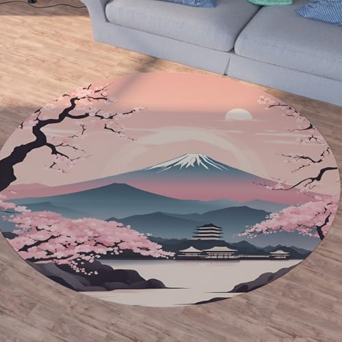 Sshjfeu Japanisch Runder Teppiche, Waschbarer Teppich Rund 80cm, Fuji-Berg Teppich Klein, Kurzflor, rutschfest, Kirschblüten Teppiche Schlafzimmer Wohnzimmer, Kinderzimmer von Sshjfeu