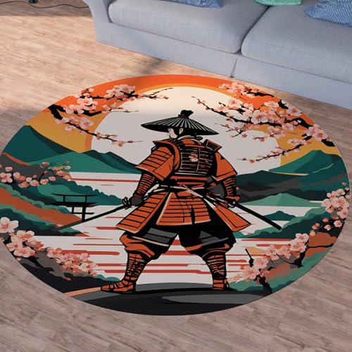 Sshjfeu Japanisch Samurai Teppich Rund 160cm, Kirschblüten Teppiche rutschfest Runder Kurzflor Waschbar, Berg Natur Rund Teppiche Weich, Runder Teppich for Wohnzimmer Schlafzimmer von Sshjfeu