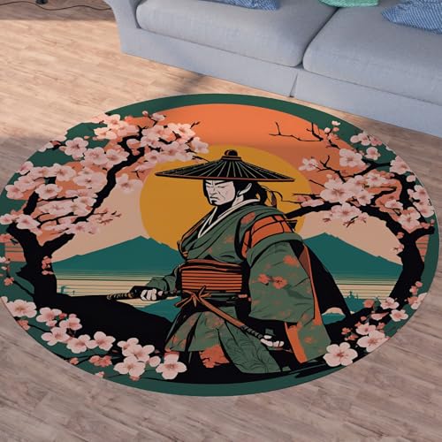 Sshjfeu Japanischer Samurai Teppich Rund 120cm, Kirschblüten Teppiche rutschfest Runder Kurzflor Waschbar, Fuji-Berg Sonne Rund Teppiche Weich, Runder Teppich for Wohnzimmer Schlafzimmer Sshjfeu Japanischer Samurai Teppich Rund 120cm, Kirschblüten Teppiche rutschfest Runder Kurzflor Waschbar, Fuji-Berg Sonne Rund Teppiche Weich, Runder Teppich for Wohnzimmer Schlafzimmer von Sshjfeu