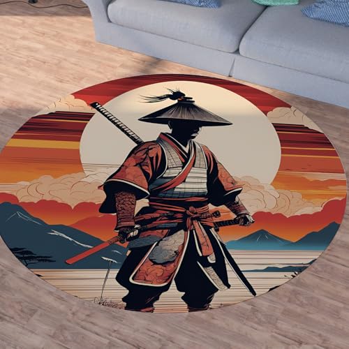 Sshjfeu Japanischer Samurai Teppich Rund 200cm, Sonne Berg Teppiche rutschfest Runder Kurzflor Waschbar, Natur Landschaft Rund Teppiche Weich, Runder Teppich for Wohnzimmer Schlafzimmer von Sshjfeu