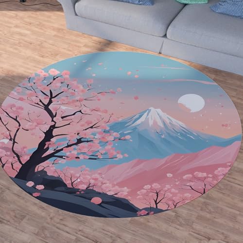 Sshjfeu Japanischer Stil Runder Teppiche, Waschbarer Teppich Rund 80cm, Kirschblüten Teppich Klein, Kurzflor, rutschfest, Fuji-Berg Teppiche Schlafzimmer Wohnzimmer, Kinderzimmer von Sshjfeu