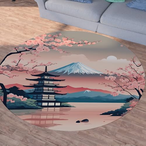 Sshjfeu Japanischer Stil Teppich Schlafzimmer, Kirschblüten Gebäude Teppich Rund 180cm, Fuji-Berg Teppiche Waschbar In Waschmaschine, Kurzflor, rutschfest, Runder Teppiche von Sshjfeu