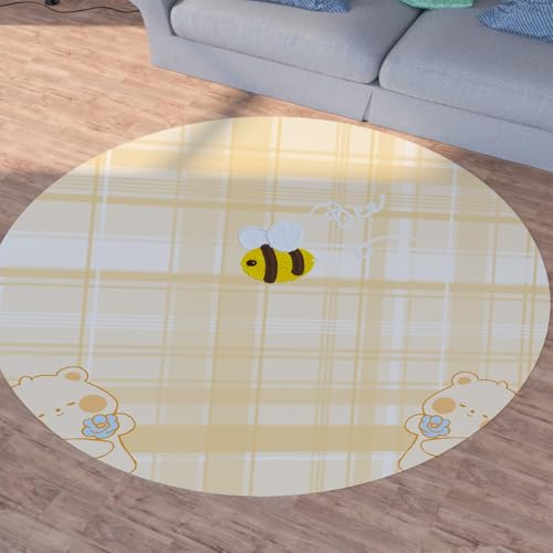 Sshjfeu Karikatur Biene Bär Teppich Schlafzimmer, Süße Kawaii Teppich Rund 180cm, Geometrie Kariert Teppiche Waschbar In Waschmaschine, Kurzflor, rutschfest, Runder Teppiche von Sshjfeu
