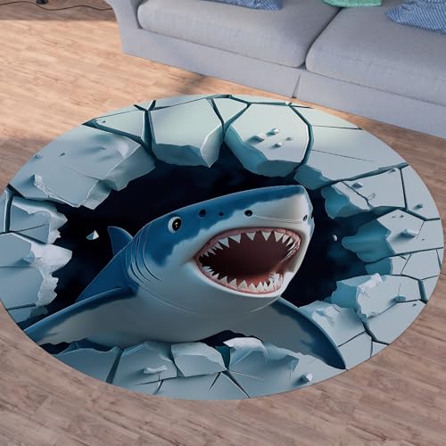 Sshjfeu Karikatur Delfin Runder Teppiche, Waschbarer Teppich Rund 60cm, Optische Täuschung Teppich Klein, Kurzflor, rutschfest, Visuelle 3D Teppiche Schlafzimmer Wohnzimmer, Kinderzimmer von Sshjfeu