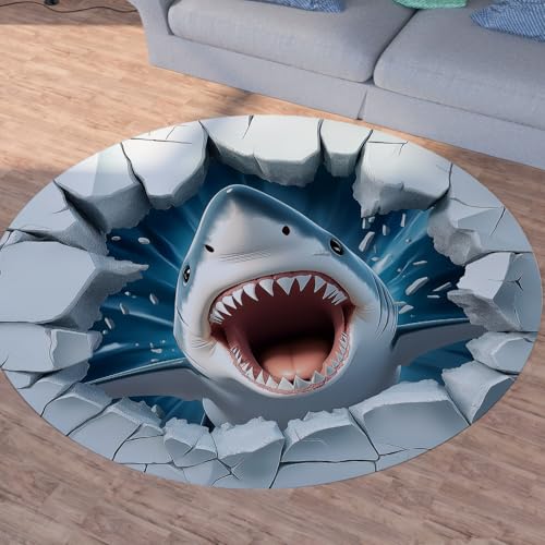 Sshjfeu Karikatur Delfin Runder Teppiche, Waschbarer Teppich Rund 80cm, Optische Täuschung Teppich Klein, Kurzflor, rutschfest, Modern 3D Druck Teppiche Schlafzimmer Wohnzimmer, Kinderzimmer von Sshjfeu
