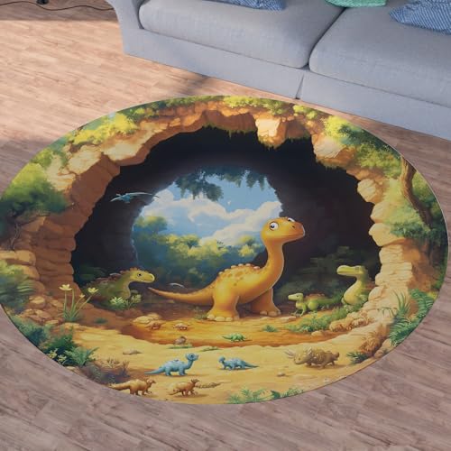 Sshjfeu Karikatur Dinosaurier Teppich Schlafzimmer, Süße Dschungeltier Teppich Rund 100cm, Grün Wald Teppiche Waschbar In Waschmaschine, Kurzflor, rutschfest, Runder Teppiche von Sshjfeu