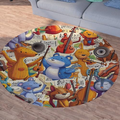 Sshjfeu Karikatur Tiere Teppich Schlafzimmer, Gitarre Anmerkung Teppich Rund 100cm, Musik Note Teppiche Waschbar In Waschmaschine, Kurzflor, rutschfest, Runder Teppiche von Sshjfeu