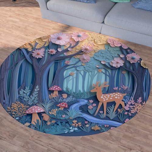 Sshjfeu Karikatur Wald Hirsch Teppich Schlafzimmer, Pilz Wildpflanzen Teppich Rund 180cm, Traumhafte Märchen Teppiche Waschbar In Waschmaschine, Kurzflor, rutschfest, Runder Teppiche von Sshjfeu