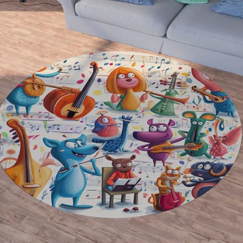 Sshjfeu Karikatur Waldtiere Teppich Schlafzimmer, Gitarre Instrument Teppich Rund 100cm, Musik Note Anmerkung Teppiche Waschbar In Waschmaschine, Kurzflor, rutschfest, Runder Teppiche von Sshjfeu