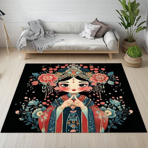 Sshjfeu Kinderteppich Chinesischer Traditioneller Teppich Kinderzimmer Wohnzimmer Schlafzimmer, Anime Mädchen Teppich Kurzflor Antirutsch, Blumen Pflanzen Teppiche Waschbar rutschfest 140x200 cm von Sshjfeu