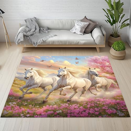 Sshjfeu Kinderteppich Laufendes Pferd Teppich Kinderzimmer Wohnzimmer Schlafzimmer, Galoppierende Pferde Teppich Kurzflor Antirutsch, Frühling Idyllische Teppiche Waschbar rutschfest 140x200 cm von Sshjfeu
