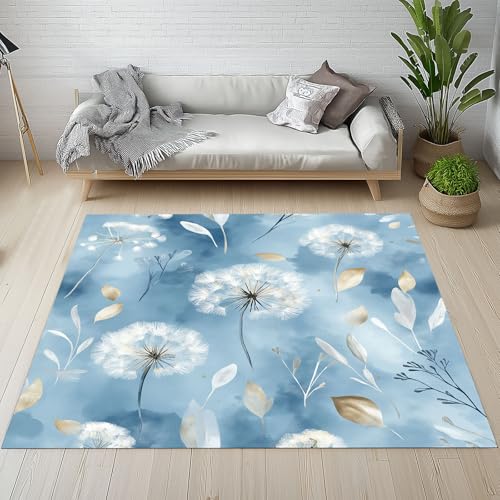 Sshjfeu Kinderteppich Löwenzahn Blumen Natur Teppich Kinderzimmer Wohnzimmer Schlafzimmer, Botanische Laub Teppich Kurzflor Antirutsch, Blätter Rural Teppiche Waschbar rutschfest 140x200 cm von Sshjfeu