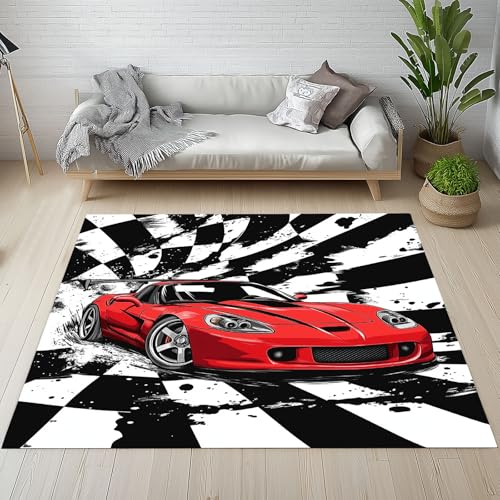 Sshjfeu Kinderteppich Rennwagen Speed Teppich Kinderzimmer Wohnzimmer Schlafzimmer, Modern Sportwagen Teppich Kurzflor Antirutsch, Geometrie Plaid Teppiche Waschbar rutschfest 140x200 cm von Sshjfeu