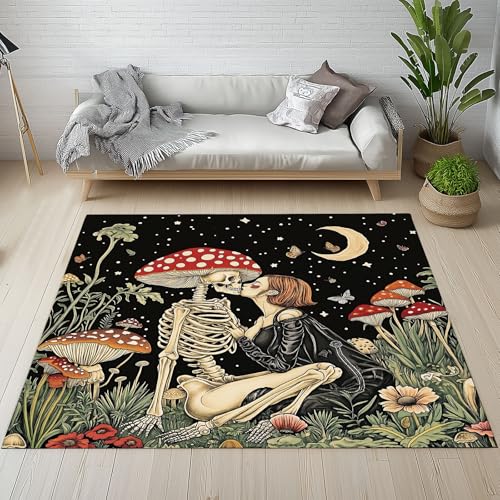 Sshjfeu Kinderteppich Totenkopf Mädchen Teppich Kinderzimmer Wohnzimmer Schlafzimmer, Pilz Pflanzen Teppich Kurzflor Antirutsch, Natur Boho Schmetterling Teppiche Waschbar rutschfest 140x200 cm von Sshjfeu