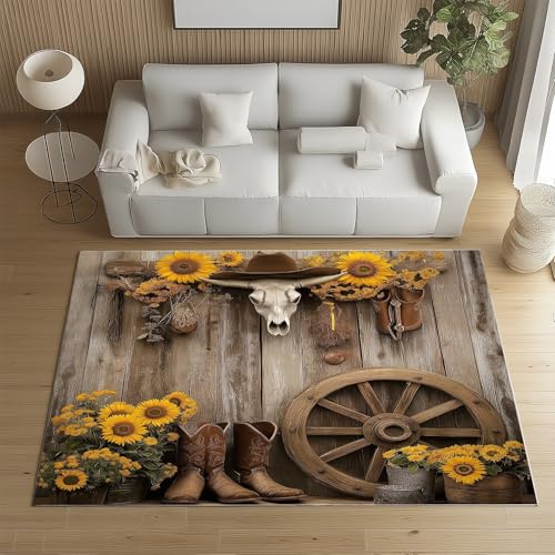 Sshjfeu Kinderteppich Western Rustikale Teppich Kinderzimmer Wohnzimmer Schlafzimmer, Bauernhaus-Stil Teppich Kurzflor Antirutsch, Cowboy Holzmaserung Teppiche Waschbar rutschfest 140x200 cm von Sshjfeu