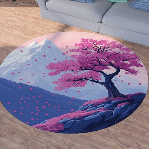 Sshjfeu Kirschblüten Blütenblatter Runder Teppiche, Waschbarer Teppich Rund 80cm, Japanischer Stil Teppich Klein, Kurzflor, rutschfest, Fuji-Berg Teppiche Schlafzimmer Wohnzimmer, Kinderzimmer von Sshjfeu