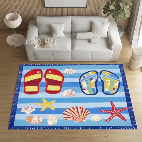 Sshjfeu Kleiner Teppich Marine Themed 120x160, Sommerzeit Hawaii Teppich Waschbar rutschfest Kurzflor, Flip Flop Muscheln Seestern Teppiche für Schlafzimmer, Wohnzimmer, Kinderzimmer, Kinderteppich von Sshjfeu