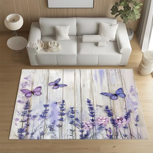 Sshjfeu Kleiner Teppich Rural Bauernhaus-Stil 120x160, Lavendel Schmetterling Teppich Waschbar rutschfest Kurzflor, Retro Blumen Teppiche für Schlafzimmer, Wohnzimmer, Kinderzimmer, Kinderteppich von Sshjfeu