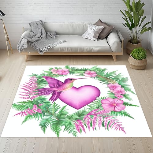 Sshjfeu Kolibri Hibiskus Fussmatte Aussen Schmutzfangmatte 80x120, Frühling Natur Teppiche, Fussmatte Innen Outdoor, Kleiner Teppich Grüne Blätter Pflanzen, Waschbar Kurzflor rutschfest von Sshjfeu