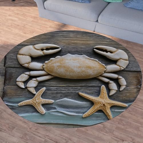 Sshjfeu Krabbe Seestern Teppich Schlafzimmer, Jahrgang Planke Teppich Rund 100cm, Rural Bauernhaus Teppiche Waschbar In Waschmaschine, Kurzflor, rutschfest, Runder Teppiche von Sshjfeu