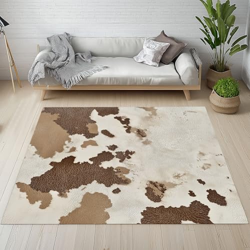 Sshjfeu Kuh Kuhfell Teppich Schlafzimmer 200 X 200 cm Kurzflor, Rindsleder Tier Thema Teppich Antirutsch Waschbar, Bauernhoftier Teppiche Weich Wohnzimmer, Kinderzimmer, Esszimmer von Sshjfeu