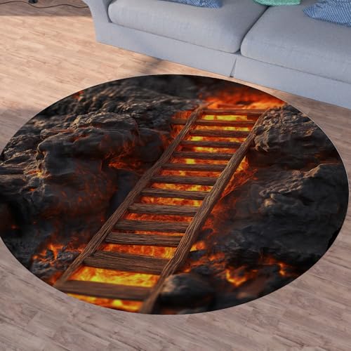 Sshjfeu Lava Magma Vulkan Teppich Schlafzimmer, Feuer Felsen Holzleiter Teppich Rund 100cm, 3D Optische Teppiche Waschbar In Waschmaschine, Kurzflor, rutschfest, Runder Teppiche von Sshjfeu