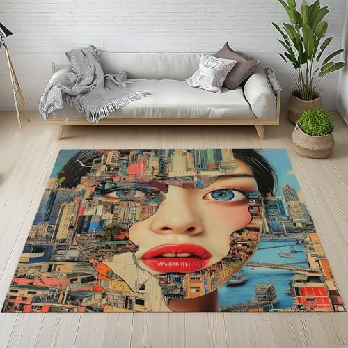 Sshjfeu Mädchen Abstrakt Gesicht Teppich 100 X 150 cm, Modern Surreal Teppich Waschbar rutschfest Kurzflor Weich, Fantasie Stadtbild Teppiche für Schlafzimmer, Wohnzimmer, Esszimmer, Kinderzimmer von Sshjfeu