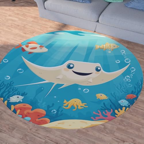 Sshjfeu Manta Rochen Teppich Schlafzimmer, Fisch Quallen Korallenriff Teppich Rund 180cm, Meerestiere Teppiche Waschbar In Waschmaschine, Kurzflor, rutschfest, Runder Teppiche von Sshjfeu
