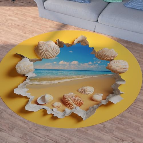 Sshjfeu Marine Muscheln Runder Teppiche, Waschbarer Teppich Rund 90cm, Meerwasser Meer Landschaft Teppich Klein, Kurzflor, rutschfest, Strand Seaside Teppiche Schlafzimmer Wohnzimmer, Kinderzimmer von Sshjfeu