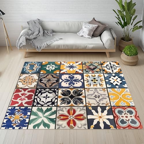 Sshjfeu Marokkanisch Ethno Fussmatte Aussen Schmutzfangmatte 80x120, Fliesen Geometrie Teppiche, Fussmatte Innen Outdoor, Kleiner Teppich Boho Kariert, Waschbar Kurzflor rutschfest von Sshjfeu