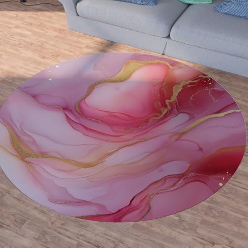 Sshjfeu Modern Aquarell Marmor Runder Teppiche, Waschbarer Teppich Rund 80cm, Marmoriert Rosa Ombre Teppich Klein, Kurzflor, rutschfest, Tinte Malerei Teppiche Schlafzimmer Wohnzimmer, Kinderzimmer von Sshjfeu
