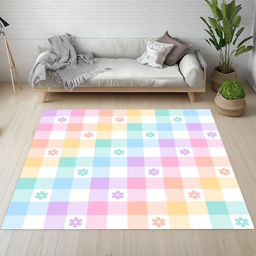Sshjfeu Modern Einfache Teppich Antirutsch Waschbar, Bunt Regenbogen Plaid Teppich Wohnzimmer 140 X 200 cm Weich, Blumen Quadrat Teppiche Kurzflor Schlafzimmer, Kinderzimmer, Esszimmer von Sshjfeu