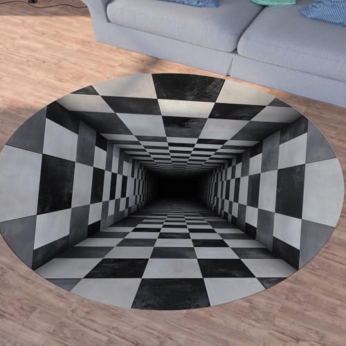 Sshjfeu Modern Optische Teppich Schlafzimmer, Schwarz Weiß Gitter Teppich Rund 100cm, Geometrie Kariert Teppiche Waschbar In Waschmaschine, Kurzflor, rutschfest, Runder Teppiche von Sshjfeu