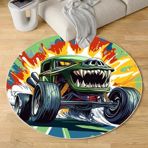Sshjfeu Monster LKW Teppich Rund 160cm, Karikatur Anime Teppiche rutschfest Runder Kurzflor Waschbar, Junge Kinder Rund Teppiche Weich, Runder Teppich for Wohnzimmer Schlafzimmer von Sshjfeu