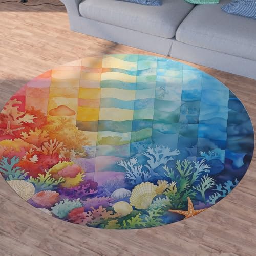 Sshjfeu Muscheln Korallenriff Runder Teppiche, Waschbarer Teppich Rund 60cm, Wellig Meer Teppich Klein, Kurzflor, rutschfest, Marine Unterwasserwelt Teppiche Schlafzimmer Wohnzimmer, Kinderzimmer von Sshjfeu