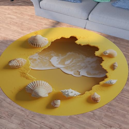 Sshjfeu Muscheln Meerwasser Runder Teppiche, Waschbarer Teppich Rund 60cm, Gelb Ozean Küsten Teppich Klein, Kurzflor, rutschfest, Strand Meer Seaside Teppiche Schlafzimmer Wohnzimmer, Kinderzimmer von Sshjfeu