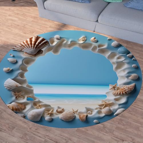Sshjfeu Muscheln Strand Runder Teppiche, Waschbarer Teppich Rund 80cm, Seaside Ozean Teppich Klein, Kurzflor, rutschfest, Blau Marine Teppiche Schlafzimmer Wohnzimmer, Kinderzimmer von Sshjfeu