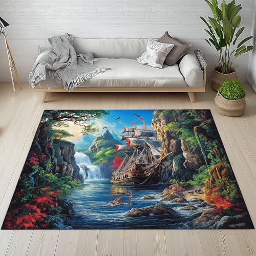 Sshjfeu Natur Landschaft Fussmatte Innen Outdoor Teppich, Segelboot Wasserfall Creek Teppiche Kurzflor Waschbar rutschfest 80x150, Berg Szenerie Fussmatte Aussen Schmutzfangmatte, Kleiner Teppich von Sshjfeu
