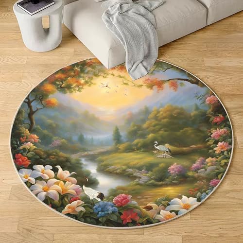 Sshjfeu Natur Landschaft Runder Teppiche, Waschbarer Teppich Rund 90cm, Blumen Urwald Teppich Klein, Kurzflor, rutschfest, Dschungel Szenerie Teppiche Schlafzimmer Wohnzimmer, Kinderzimmer Sshjfeu Natur Landschaft Runder Teppiche, Waschbarer Teppich Rund 90cm, Blumen Urwald Teppich Klein, Kurzflor, rutschfest, Dschungel Szenerie Teppiche Schlafzimmer Wohnzimmer, Kinderzimmer von Sshjfeu