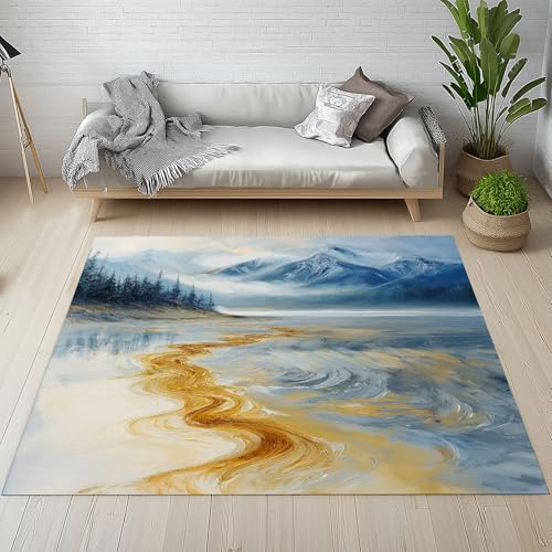 Sshjfeu Natur Landschaft Teppich 120 X 170 cm, Berg Baum See Wasser Teppich Waschbar rutschfest Kurzflor Weich, Abstrakt Ölgemälde Teppiche für Schlafzimmer, Wohnzimmer, Esszimmer, Kinderzimmer Sshjfeu Natur Landschaft Teppich 120 X 170 cm, Berg Baum See Wasser Teppich Waschbar rutschfest Kurzflor Weich, Abstrakt Ölgemälde Teppiche für Schlafzimmer, Wohnzimmer, Esszimmer, Kinderzimmer von Sshjfeu