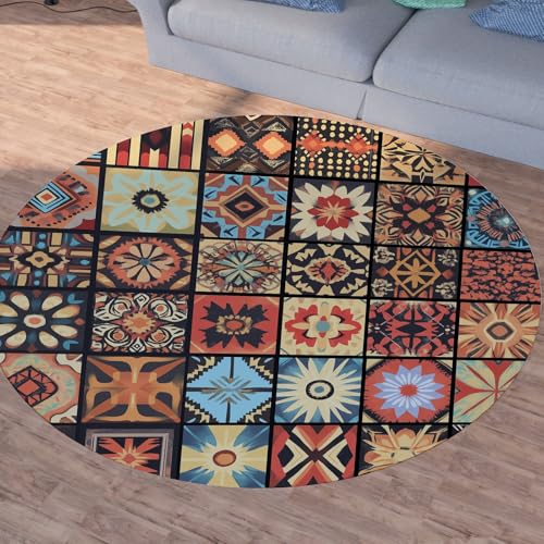 Sshjfeu Navajo Indische Teppich Schlafzimmer, Ethno Amerika Teppich Rund 100cm, Boho Ethnische Teppiche Waschbar In Waschmaschine, Kurzflor, rutschfest, Runder Teppiche von Sshjfeu